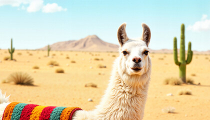Llama smiling in desert landscape with cacti