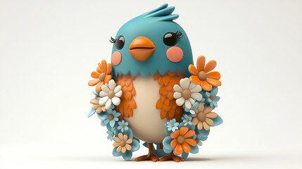 beautiful, 3D illustration of a cute bird with flowers, in blue, orange, and brown colors, on a white background, in the style of ArtStation.