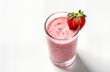 Pink strawberry milkshake in glass. Fresh berry drink with strawberry slice on top. Healthy and tasty summer beverage. Delicious refreshment. Perfect for summer day. Isolated on white background.