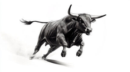 finance, Black and white illustration of an angry bull running, white background, high contrast, full-body shot, side view, ultra-realistic style.