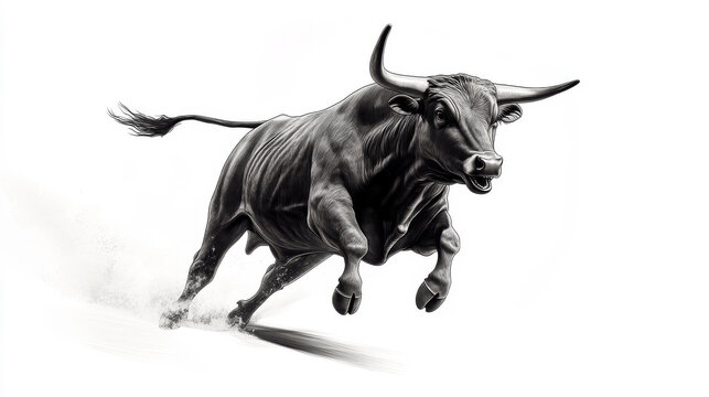 finance, Black and white illustration of an angry bull running, white background, high contrast, full-body shot, side view, ultra-realistic style.