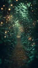 Soft blurred golden lights shimmer faintly along a snow-laden forest road evoking a peaceful and dreamy winter wonderland atmosphere