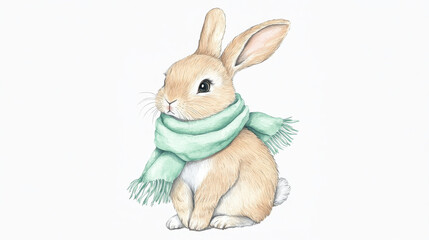 Fototapeta premium beautiful, Cute rabbit with a mint green scarf, simple watercolor clipart, white background, cute nursery art, pastel soft colors, solid white background, 2D illustration style.