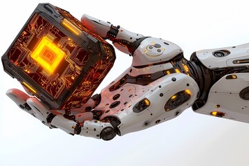 Robotic Hand Holding a Futuristic Glowing Cube with Circuit Patterns
