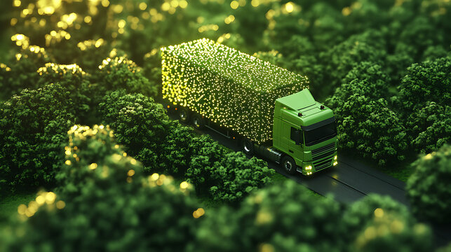 Green logistic concept. Truck icon transport logistics travel with clean energy, eco-friendly process on forest background 