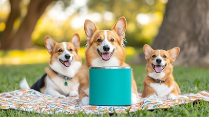 Portable pet water fountain on a picnic blanket outdoors, surrounded by playful dogs, sunny day showcasing travel-friendly pet accessories