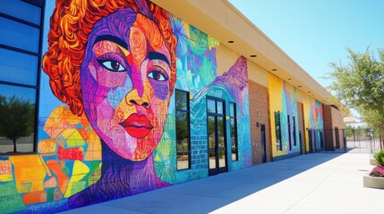 Colorful mural on school walls promoting diversity and creativity 