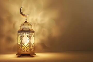 Golden lantern and a crescent moon for Eid Mubarak and Ramadan Kareem on a beige background, with copy space for text
