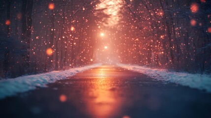 Obraz premium Soft blurred golden lights shimmer faintly along a snow-laden forest road evoking a peaceful and dreamy winter wonderland atmosphere