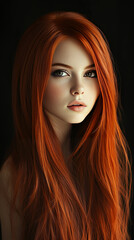 Obraz premium portrait, Beautiful girl with long red hair, against a black background. This is a fashion portrait of a woman with a gorgeous hairstyle and makeup.