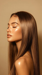 portrait, A beautiful woman with long, brown hair, straight and shiny, poses in profile against an isolated, beige background.