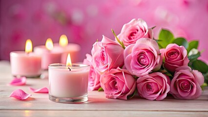 A bouquet of pink roses with candles, symbolizing love and romance, perfect for weddings or Valentine's Day