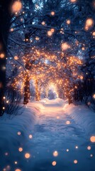 Blurred glowing bokeh lights softly illuminate a quiet winter forest road surrounded by snow-covered trees creating a serene and magical ambiance