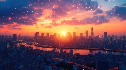 Obraz premium A vibrant sunset over a city skyline, reflecting on water, creating a serene atmosphere.