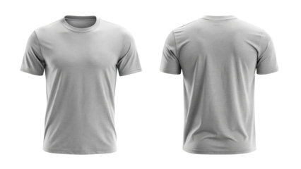 light gray t shirt round neck template from two sides isolated on transparent white background, clipping path