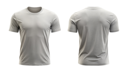 light gray t shirt round neck template from two sides isolated on transparent white background, clipping path