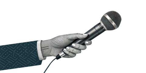 Retro Contemporary art collage featuring a hand with microphone. PNG