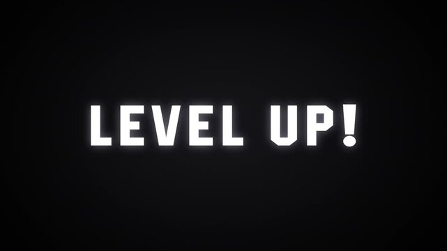 Level up text animation on black background