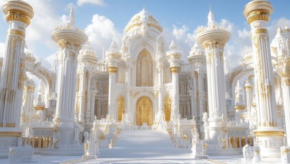 Naklejka premium Majestic white palace with golden accents, grand staircase, and classical columns under a blue sky.
