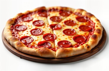 Closeup of pepperoni pizza on wooden plate. Pizza melted cheese, slices of pepperoni. Isolated on white background. Pizza ready to eat. Perfect for restaurant menus, food delivery services. Italian