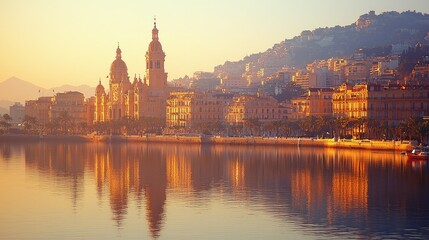 Golden Sunset over Coastal Cityscape with Church