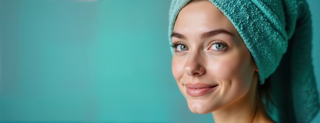 Smiling woman with teal towel on head. Relaxed facial expression. Healthy skin, glowing visage. Perfect for spa wellness center marketing. Image suitable for skincare brand advertising. Focus on