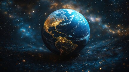 Obraz premium Earth illuminated in space with cosmic backdrop.