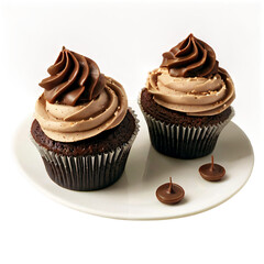 Indulge in the delightful visual of two decadent chocolate cupcakes, beautifully arranged on a clean white plate. Each cupcake boasts a rich, dark chocolate base, topped with a generous swirl of lusci