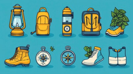 Camping gear illustration lantern, backpacks, water bottle, boots, compass.