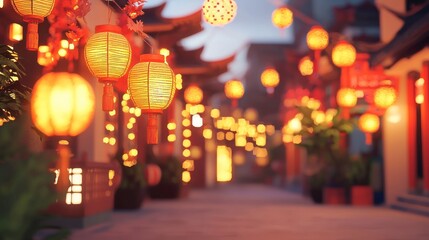 Serene Night Scene in a Traditional Asian Lantern Street with Brightly Illuminated Lanterns and Colorful Decorations Enhancing the Festive Atmosphere