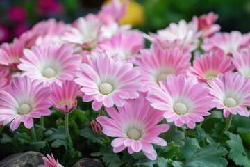Delicate pink cineraria flowers blooming in garden, springtime blossoms