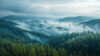 Obraz premium wind farm with rows of wind turbines turning against a clear sky, renewable energy theme