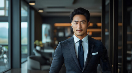 Naklejka premium an Asian male model wearing a formal business suit, confidently posing in a sleek modern office