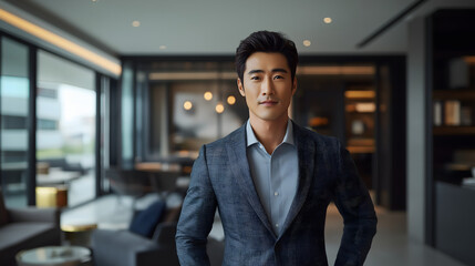 Obraz premium an Asian male model wearing a formal business suit, confidently posing in a sleek modern office