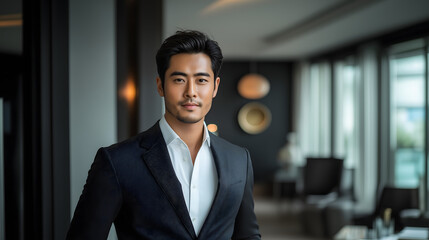 an Asian male model wearing a formal business suit, confidently posing in a sleek modern office