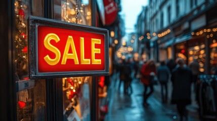 Red sale sign hanging on a clothing store window displaying sales