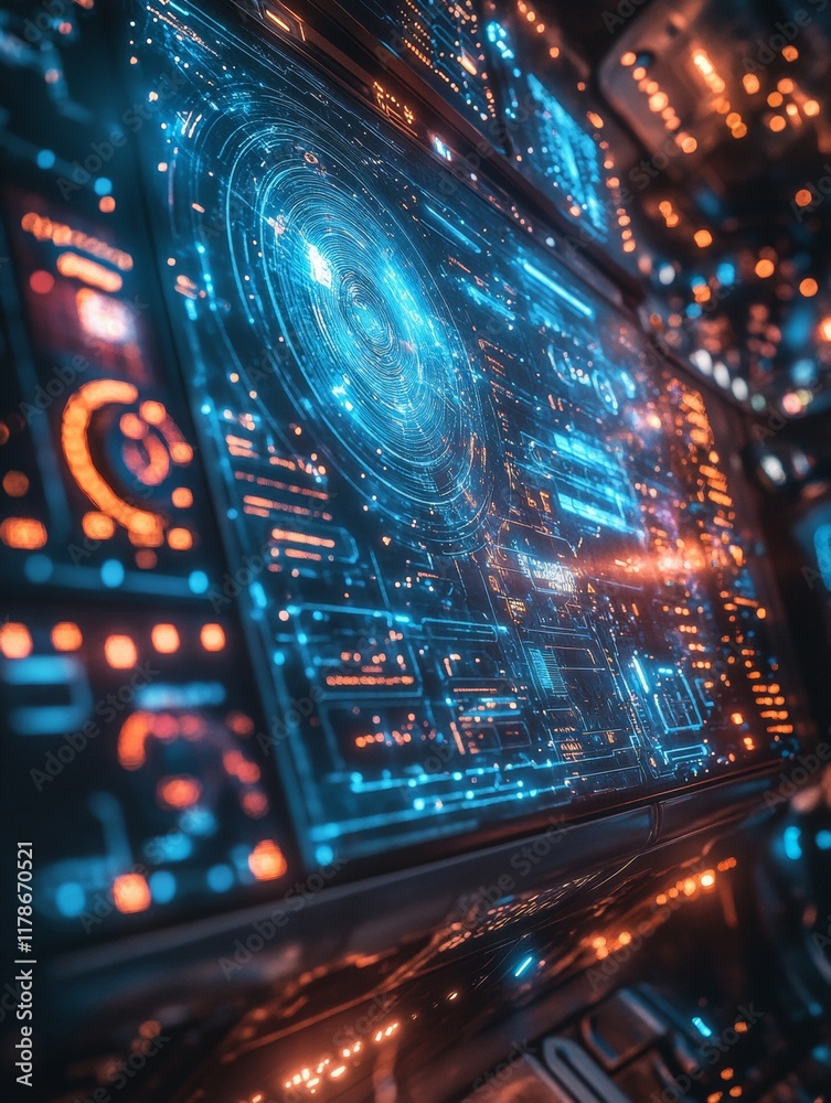 Poster neon holographic control panel futuristic cosmic navigation in cyberpunk style