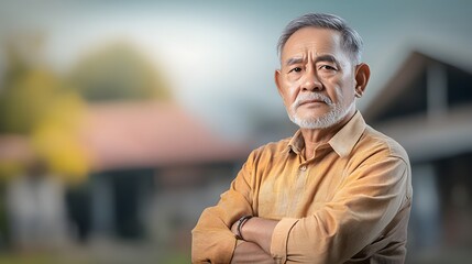 Obraz premium Portrait of a thoughtful and experienced Asian senior businessman standing outdoors with a contemplative expression and crossed arms showcasing his mature wisdom and authority