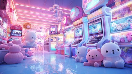 A cozy Japanese arcade named â€˜Arcade Susanâ€™ with a pastel-themed claw machine overflowing with kawaii-style plushies.