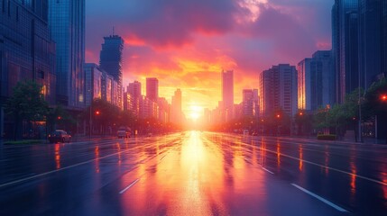 Fototapeta premium A vibrant sunset over a city street, reflecting light on wet pavement.