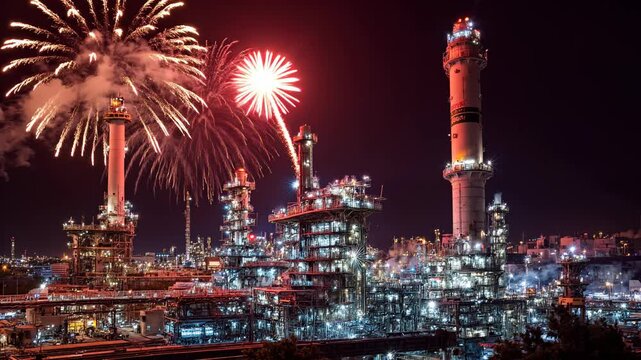 Fireworks Refinery Jubail Saudi-Arabia: Nighttime industrial celebration illuminating petrochemical plant.