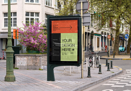 Mockup Of Vertical Customizable Advertisement On Sidewalk