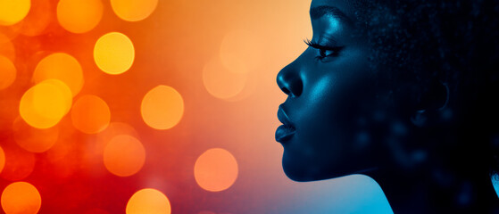 A serene profile of a woman against a vibrant, colorful background, highlighting her features and creating a striking visual contrast.