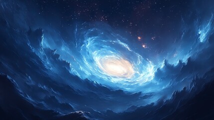 Celestial swirl of blue clouds and stars.