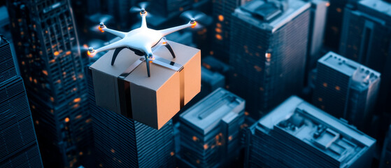 A drone delivers a package over a cityscape, showcasing the innovation in modern logistics and aerial delivery services.
