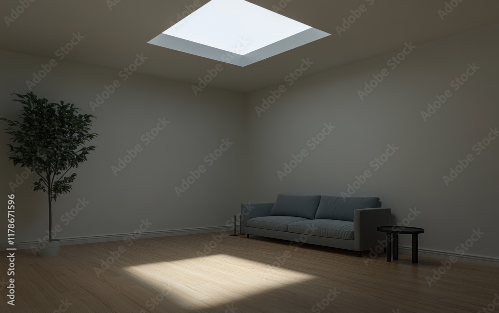 Sticker Minimalist room interior with skylight, sofa, and plant.