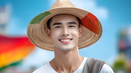 Fototapeta premium Smiling Asian man in a straw hat enjoys his outdoor summer vacation exuding a sense of confidence friendliness and optimism The image captures the warm