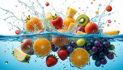 Fresh Fruits Splashing into Water, Vibrant Healthy Food Image