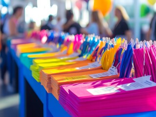 Colorful Event Nametags on Display at Registration Desk