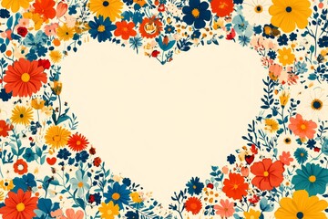 Colorful flowers creating heart shape on light yellow background